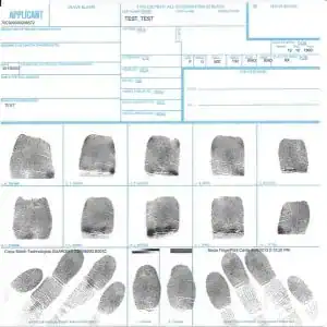 Completed FD-258 fingerprint card used for fingerprinting services in New Jerse